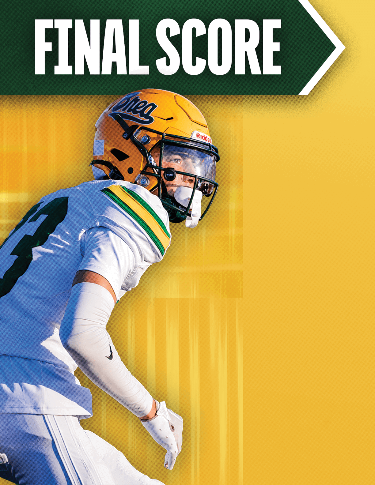 A football player with a white helmet. Description generated by AI