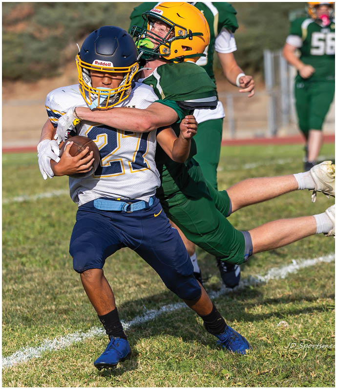 Three football players in blue and white uniforms running on a field. Description generated by AI