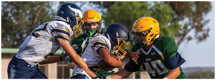 A football player wearing a blue and white uniform. Description generated by AI