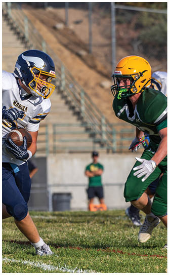 A football player catching a ball. Description generated by AI