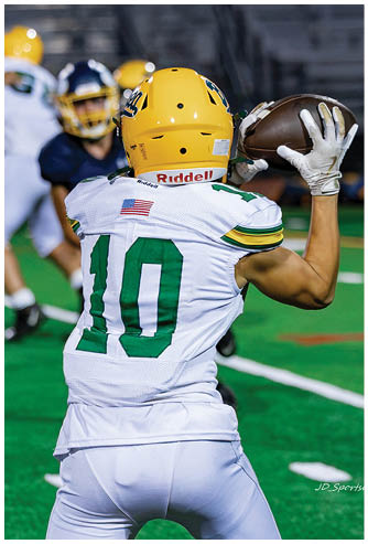 A football player running on the field. Description generated by AI