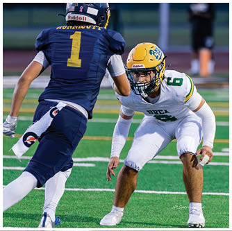 A football player running on the field. Description generated by AI