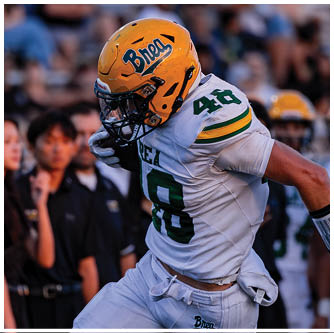 A football player running on the field. Description generated by AI