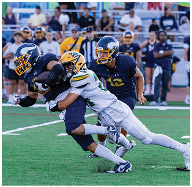 A football player running on the field. Description generated by AI