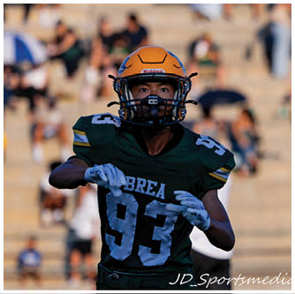 A football player running on the field. Description generated by AI