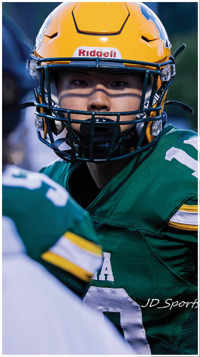 A football player running on the field. Description generated by AI