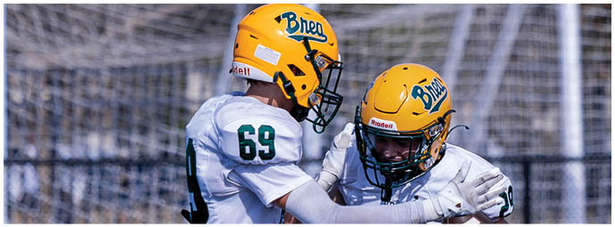 A football player wearing a blue and white uniform. Description generated by AI