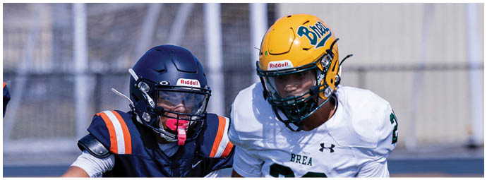 A football player wearing a blue and white uniform. Description generated by AI