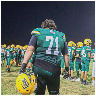 A football player running on the field. Description generated by AI