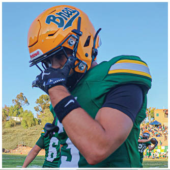 A football player running on the field. Description generated by AI