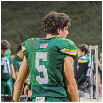 A football player running on the field. Description generated by AI
