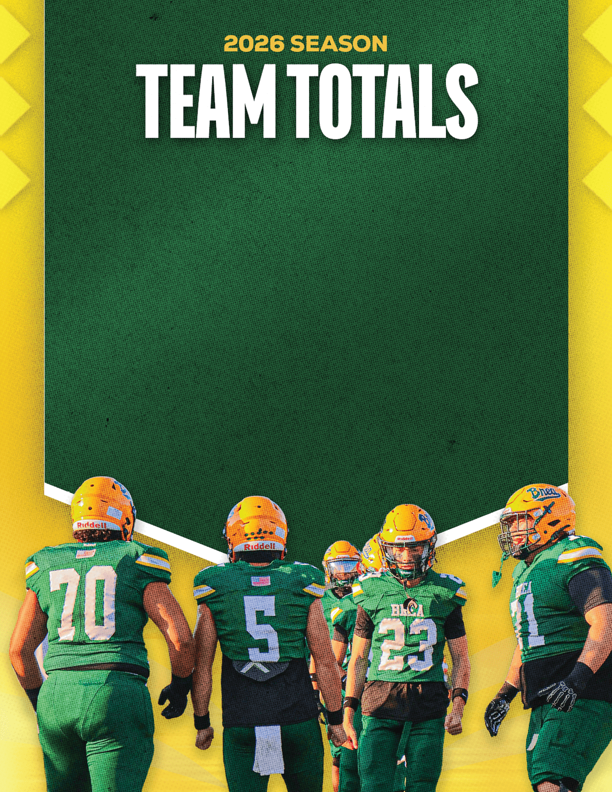 A group of football players standing on the field. Description generated by AI