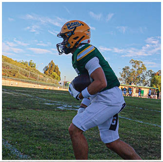 A football player running on the field. Description generated by AI