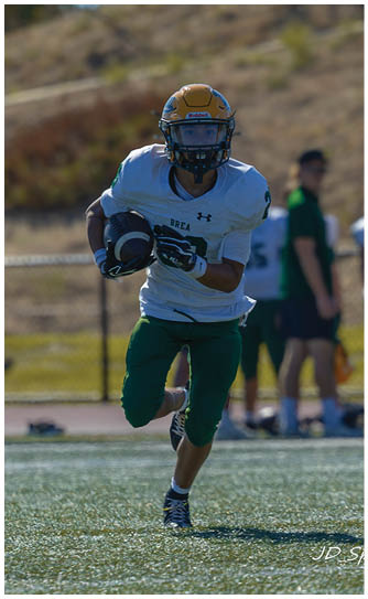 A football player catching a ball. Description generated by AI