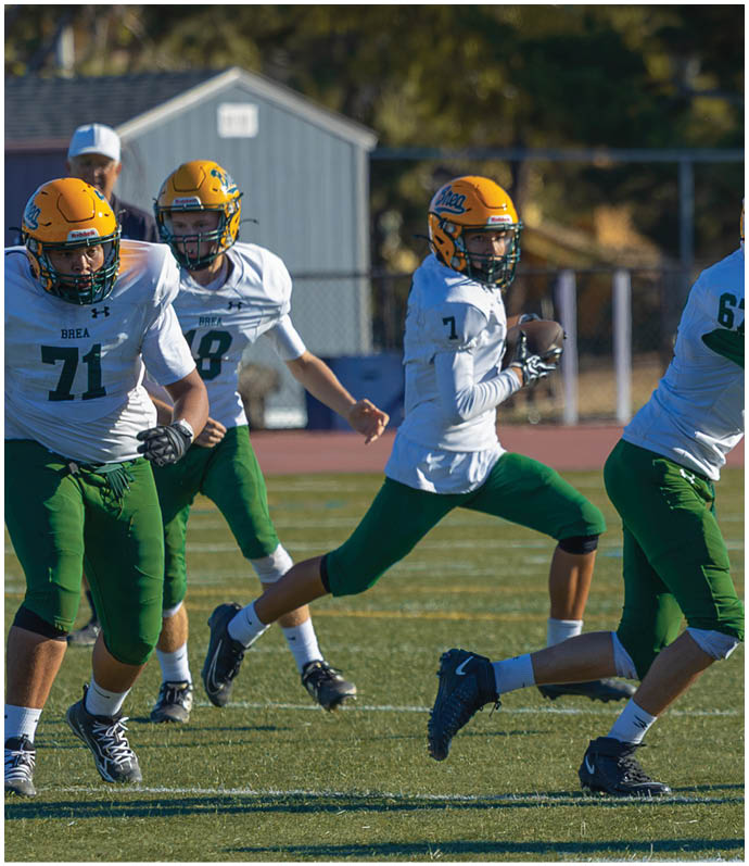 Three football players in blue and white uniforms running on a field. Description generated by AI