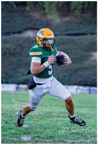 A football player running on the field. Description generated by AI