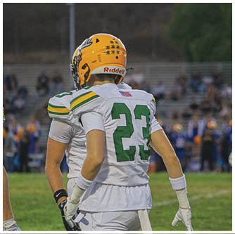 A football player running on the field. Description generated by AI