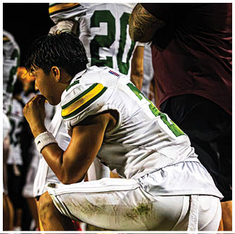 A football player running on the field. Description generated by AI