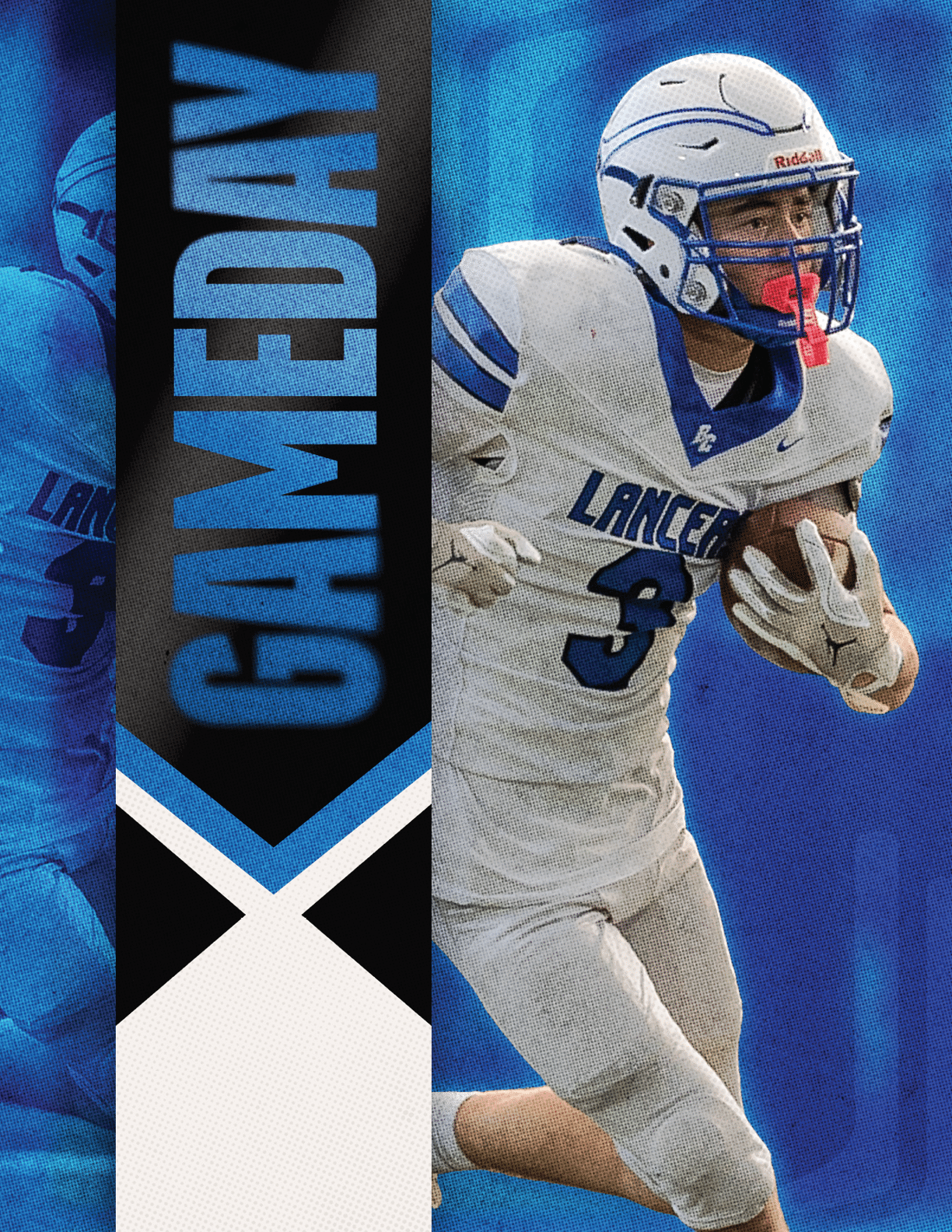 A person in a white football uniform with blue accents is running while holding a football, with the word “GAMEDAY" displayed vertically on a black and blue banner beside them. Description generated by AI