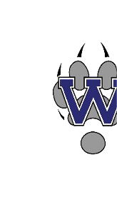 A large blue letter W is centered over a gray paw print with black claw marks extending from the top. Description generated by AI