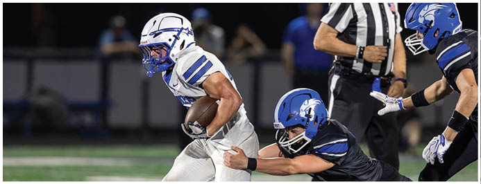 Two people in sports gear are engaged in a physical struggle on a football field near a large blue and white logo. Description generated by AI