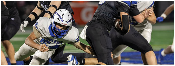 Two people in football gear are engaged in a play, with one person wearing a white helmet and the other holding a football while wearing a black uniform. Description generated by AI