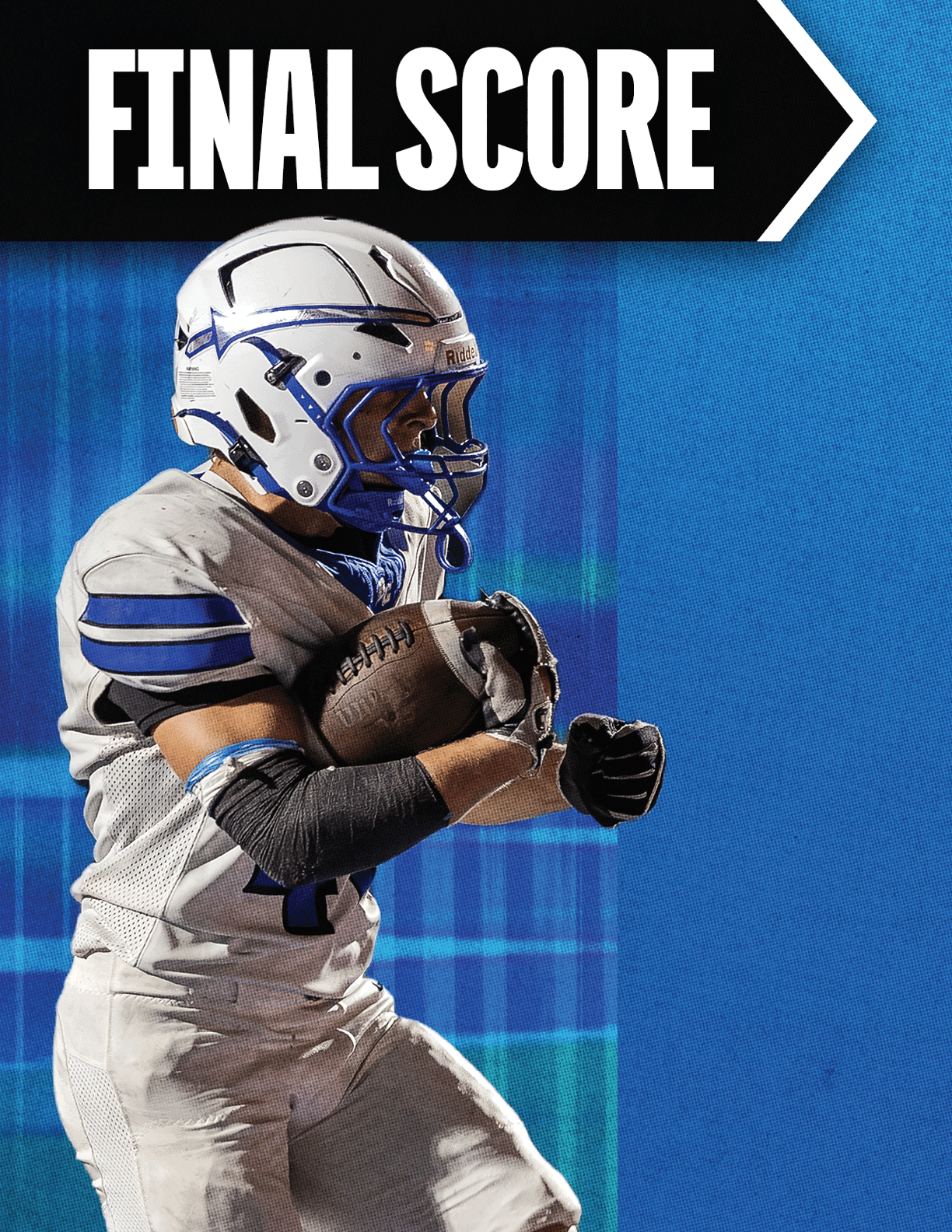A football player with a white helmet and blue jersey. Description generated by AI