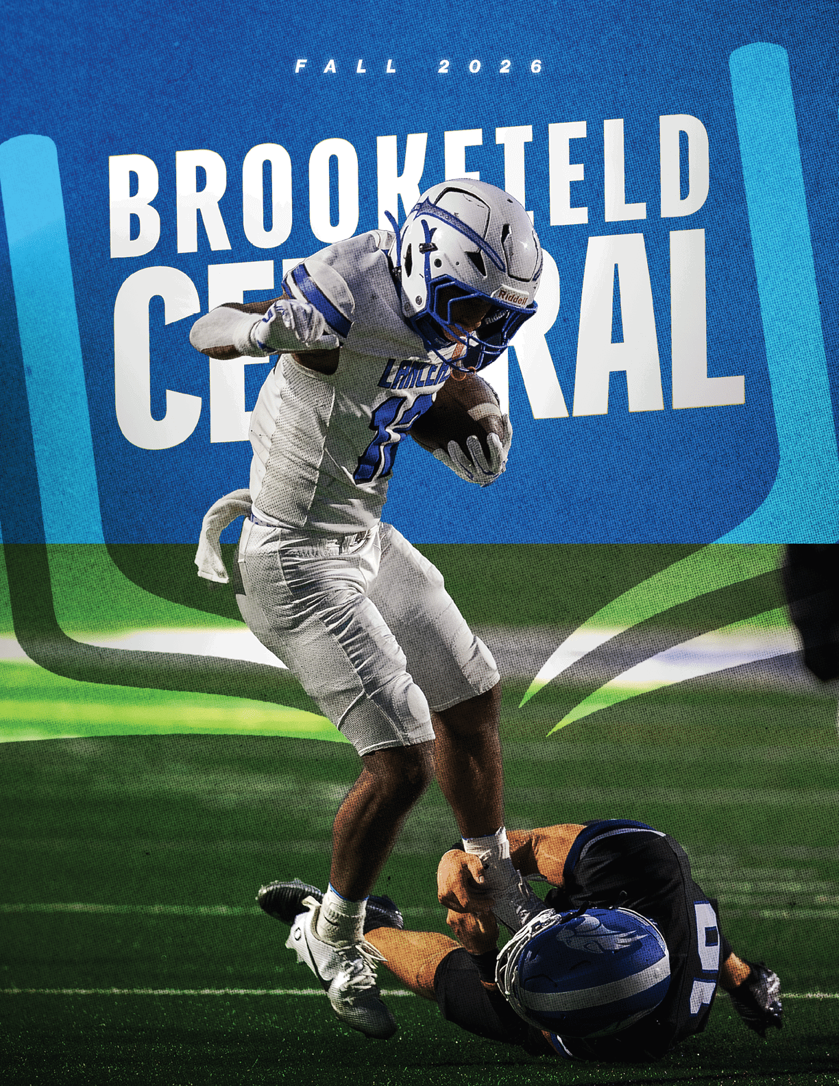 A person in white football gear is jumping over another person in dark football gear lying on the field with a blue background displaying the text “Fall 2026 Brookefield Central." Description generated by AI