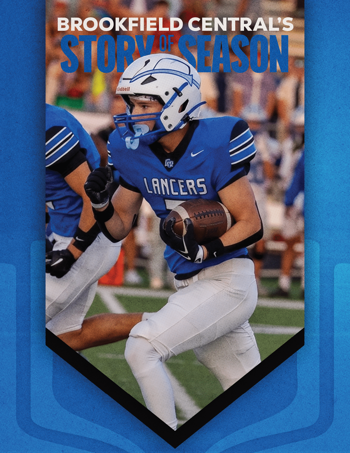 A person wearing a blue football uniform with “Lancers" on the jersey and a white helmet is running with a football on a field with blurred spectators in the background. Description generated by AI