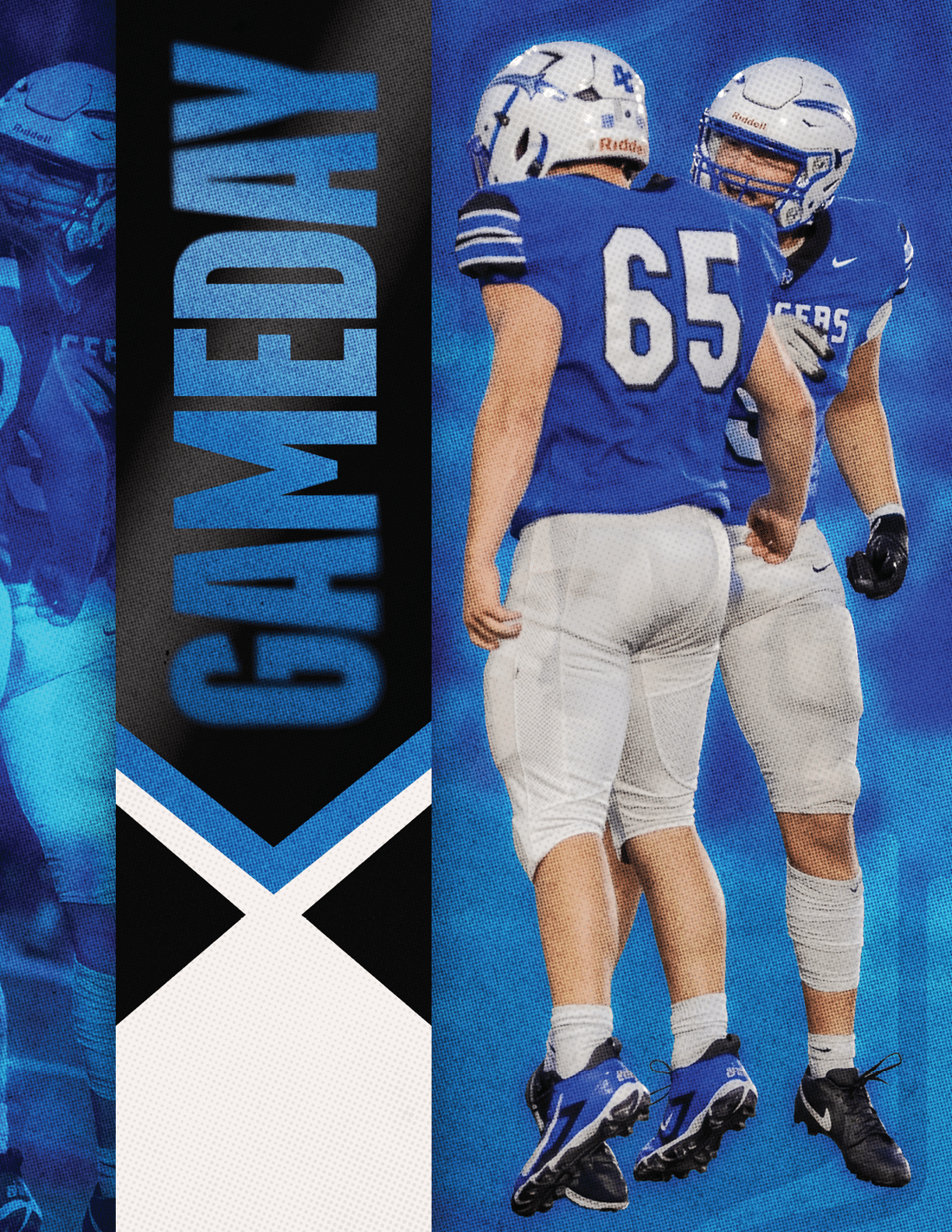 Two people in blue and white football uniforms stand facing each other with one wearing number 65 and the word GAMEDAY displayed vertically beside them. Description generated by AI
