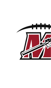 A stylized maroon letter M with a black and white outline is overlaid with a black spear and the top edge resembles the laces of a football. Description generated by AI