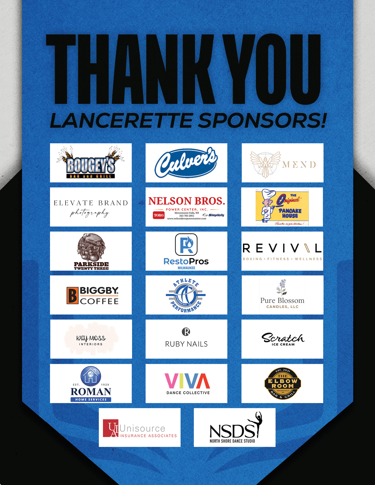 Thank you banner with multiple sponsor logos arranged in a grid on a blue background. Description generated by AI