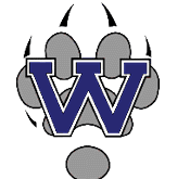 A large blue letter W outlined in white and black is centered over a gray paw print with black claws. Description generated by AI