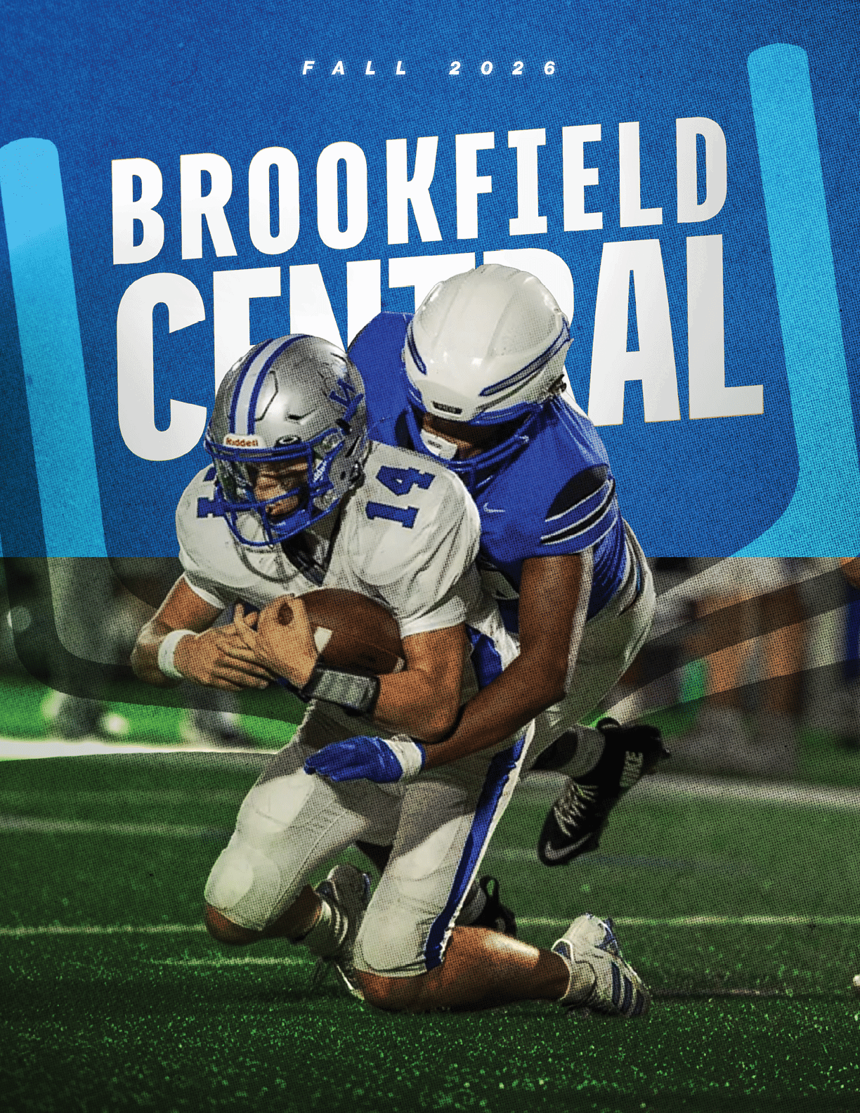 Two people in football uniforms are engaged in a tackle on a green field with the text “Fall 2023 Brookfield Central" in the background. Description generated by AI