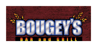 The image features a rustic red wooden background with the bold text “BOUGEY'S" in large blue and white letters and "BAR and GRILL" in smaller yellow and red letters below, accented by stylized wheat graphics on either side. Description generated by AI