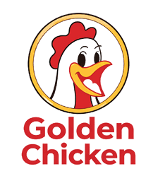 A cartoon chicken head with a red comb and yellow beak inside a gold circle above the partially visible red text “Golden". Description generated by AI