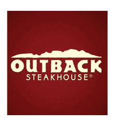 The Outback Steakhouse logo features bold cream-colored text with a stylized mountain silhouette above it on a dark red background. Description generated by AI
