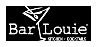 Bar Louie logo featuring a stylized martini glass with an olive above the text “Bar Louie" in a bold, distressed font on a black background. Description generated by AI