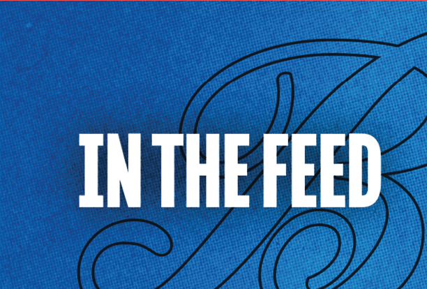 The text “EN THE FEE" is displayed in bold white letters on a blue textured background with black curved lines. Description generated by AI