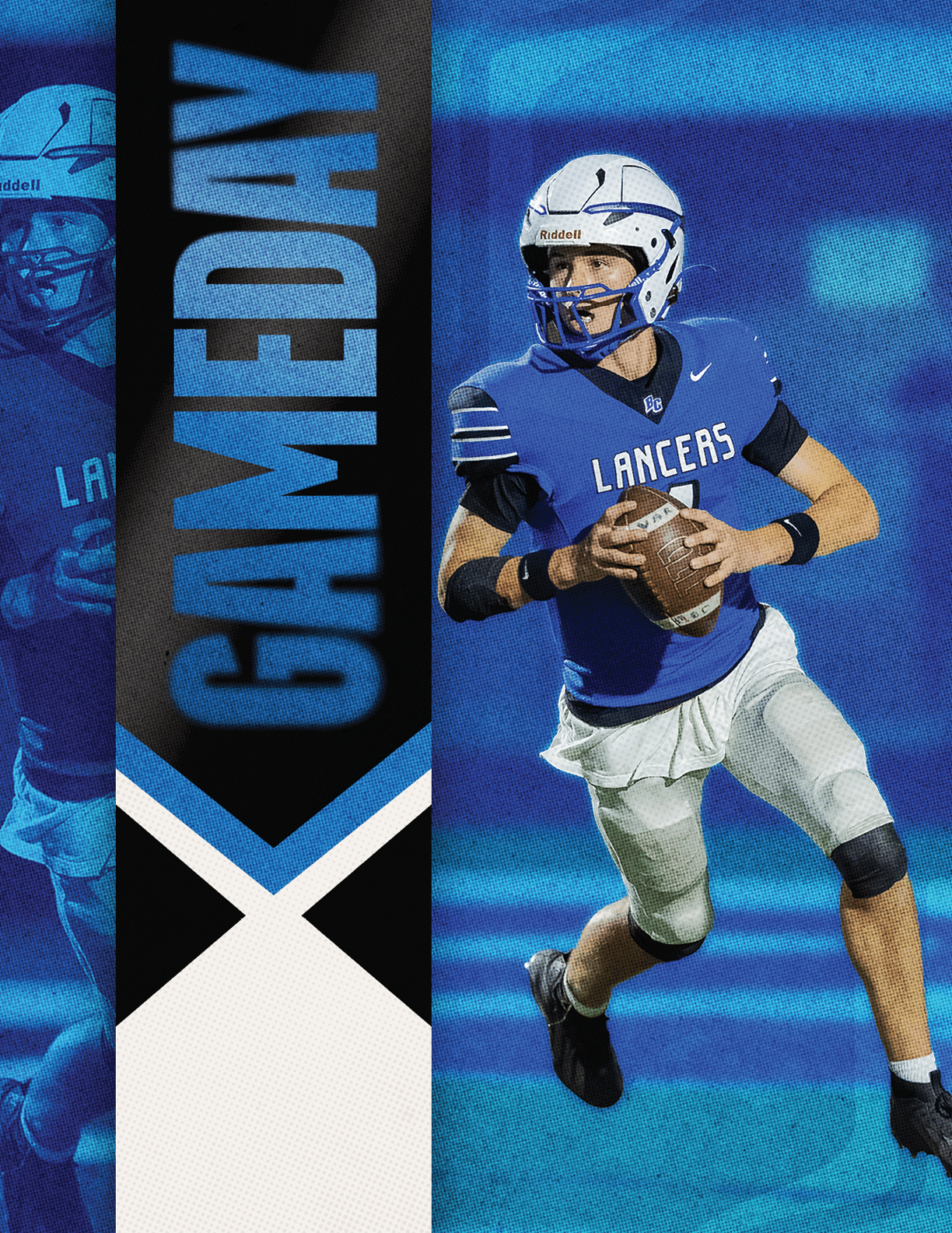 A person wearing a blue Lancers football uniform and white helmet is holding a football and appears to be preparing to throw it on a blue-toned field with the word GAMEDAY displayed vertically beside them. Description generated by AI