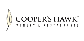 Cooper's Hawk Winery & Restaurants logo featuring a stylized feather graphic to the left of the text. Description generated by AI