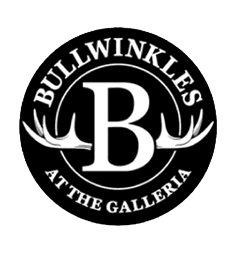 A black circular logo with a large white letter B in the center flanked by white antlers and the text Bullwinkles at the top and At The Galleria at the bottom. Description generated by AI