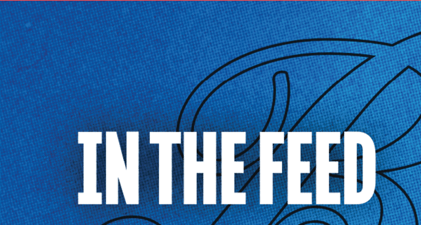 The text “EN THE FEE" is displayed in bold white letters on a blue textured background with black curved lines. Description generated by AI