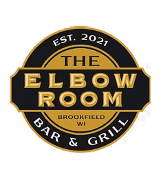 A circular logo with gold and black colors featuring the text “The Elbow Room Bar & Grill" with "Est. 2021" and "Brookfield WI" included. Description generated by AI