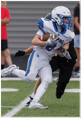 A person in a white and blue football uniform is running with the ball while being pursued by another person in black athletic clothing on a grassy field. Description generated by AI