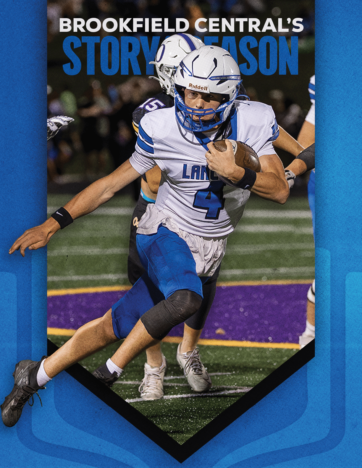 A person wearing a white and blue football uniform with the number 4 is running with a football while being pursued by another player on a field with a purple and yellow logo. Description generated by AI