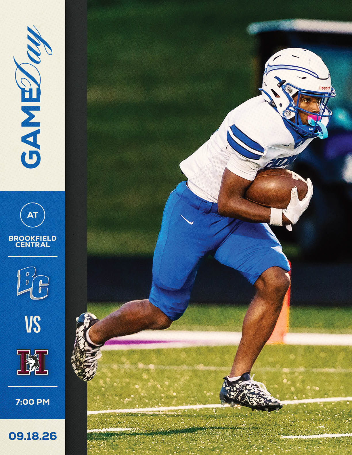 A person wearing a white helmet and blue sports uniform is running on a football field while holding a football, with a graphic on the left side indicating a game day event between Brookfield Central and another team. Description generated by AI