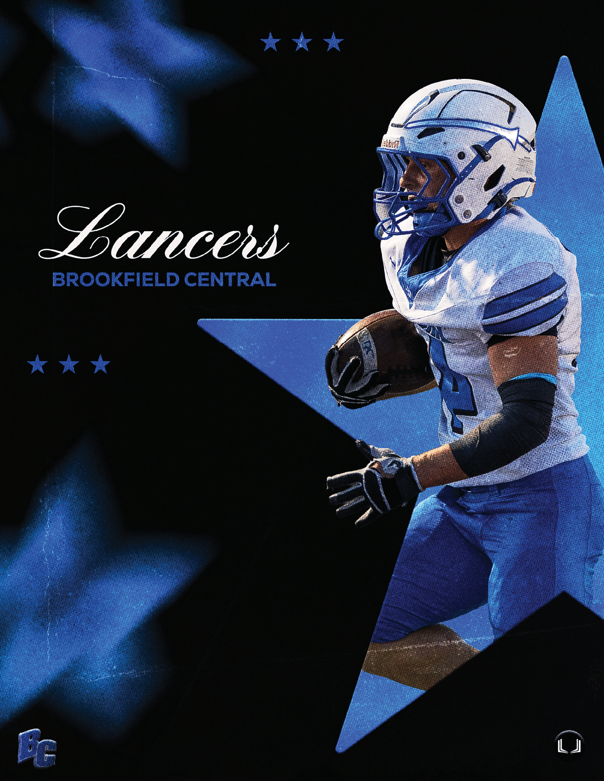 A person in a blue and white football uniform is running with a football against a black background with blue stars and the text “Lancers Brookfield Central." Description generated by AI