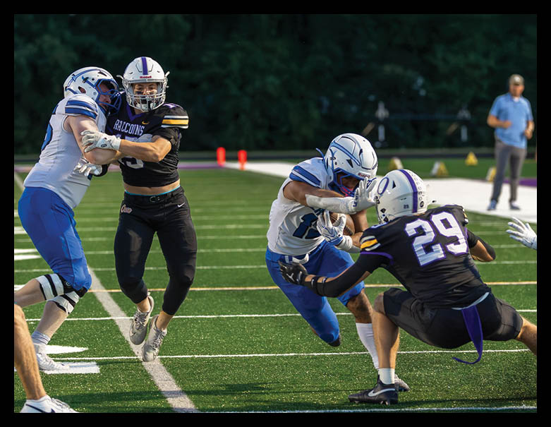 Two people in football uniforms are engaged in a tackle on a green field while others are nearby. Description generated by AI