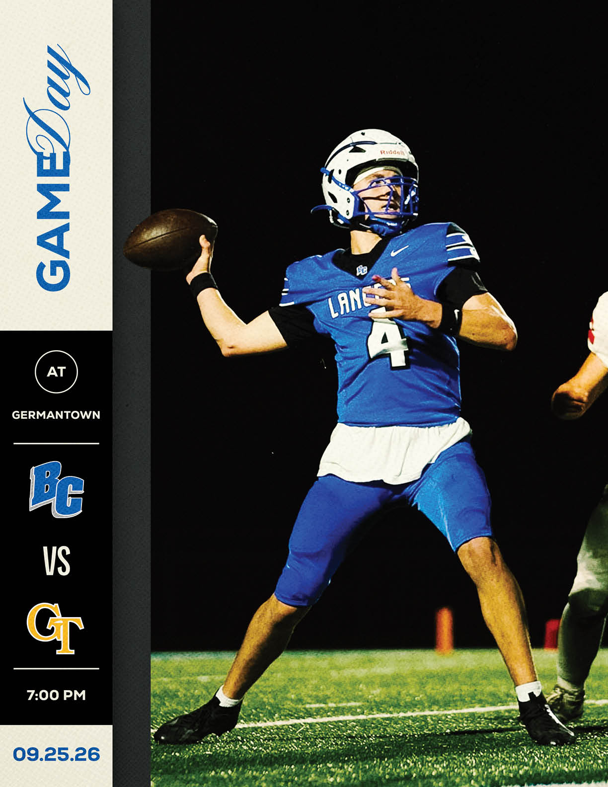 A person wearing a blue football uniform and helmet is preparing to throw a football on a field at night with a graphic on the left side showing a game between BC and GT at Germantown. Description generated by AI